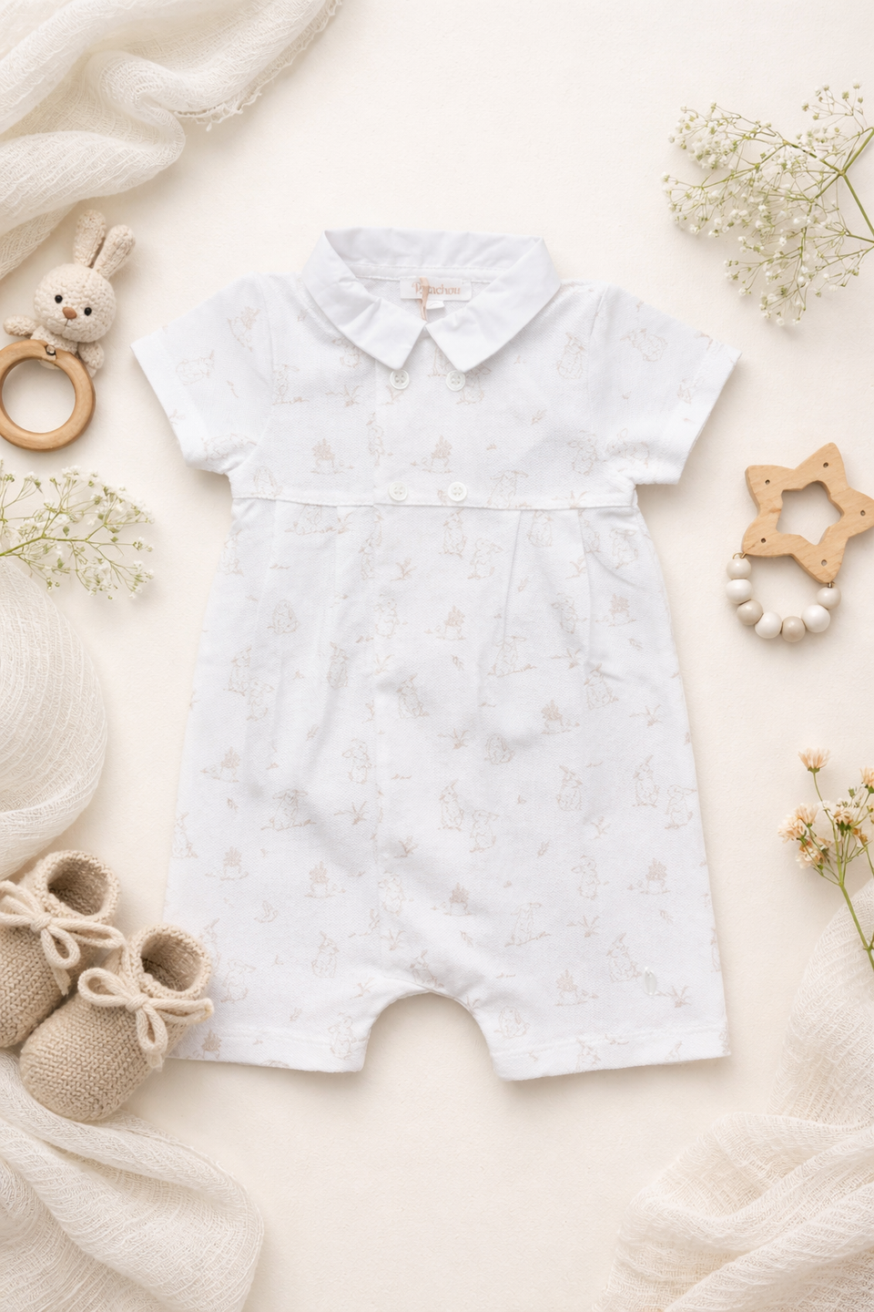 Patachou D0033 White/Tan Knit Baby Boy Romper