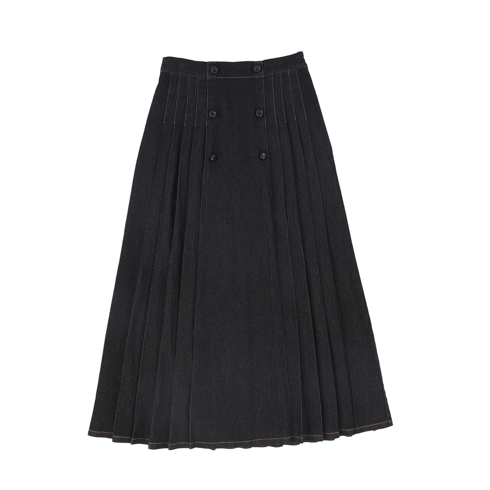 Bace Black Denim Pleated Button Maxi Skirt