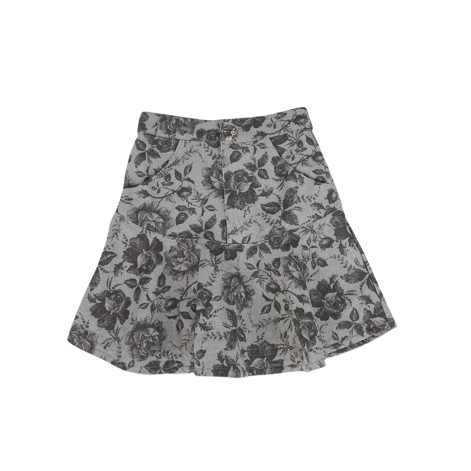 Petite Amalie Black Rose Printed Grey Denim Skirt