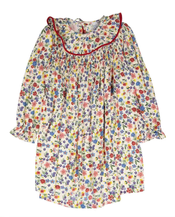 Piccola Ludo Colorful Floral Dress with Red Velvet Trim