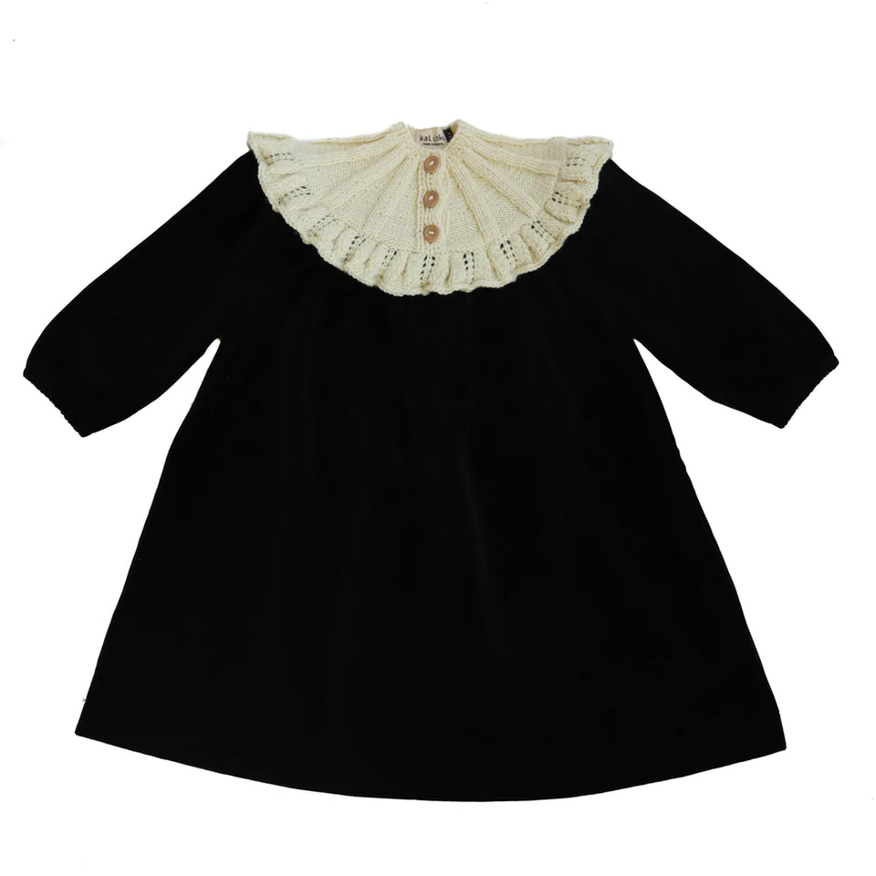 Kalinka Black Velvet Dress with Cream Knit Collar