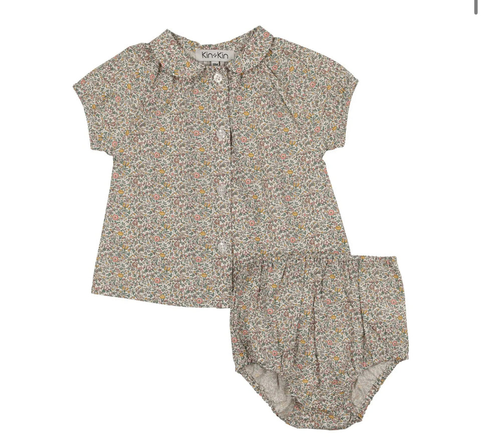 Kin Kin Floral Print Girls Peter Pan Collar Bloomer Set