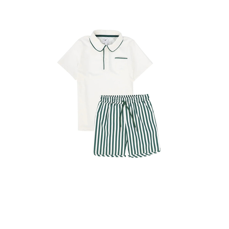 Water Club Green Striped Swim Trunks and Polo Set