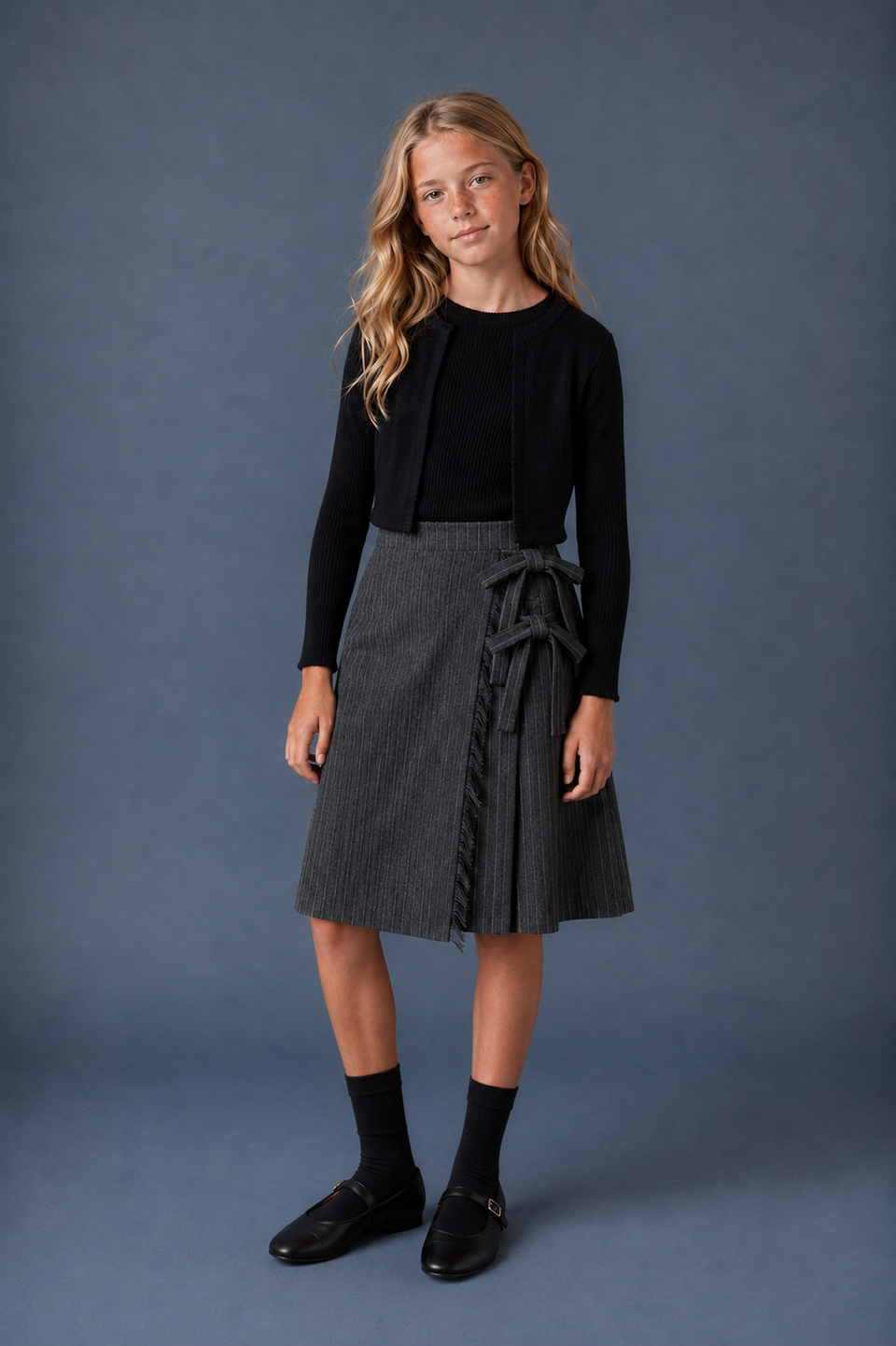 We The Kids Grey Pinstripe Double Bow Plaid Wrap Skirt