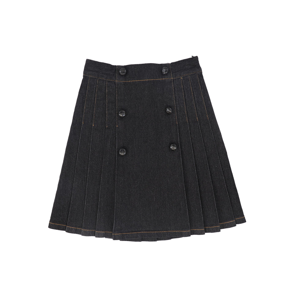 Bace Black Denim Pleated Button Skirt