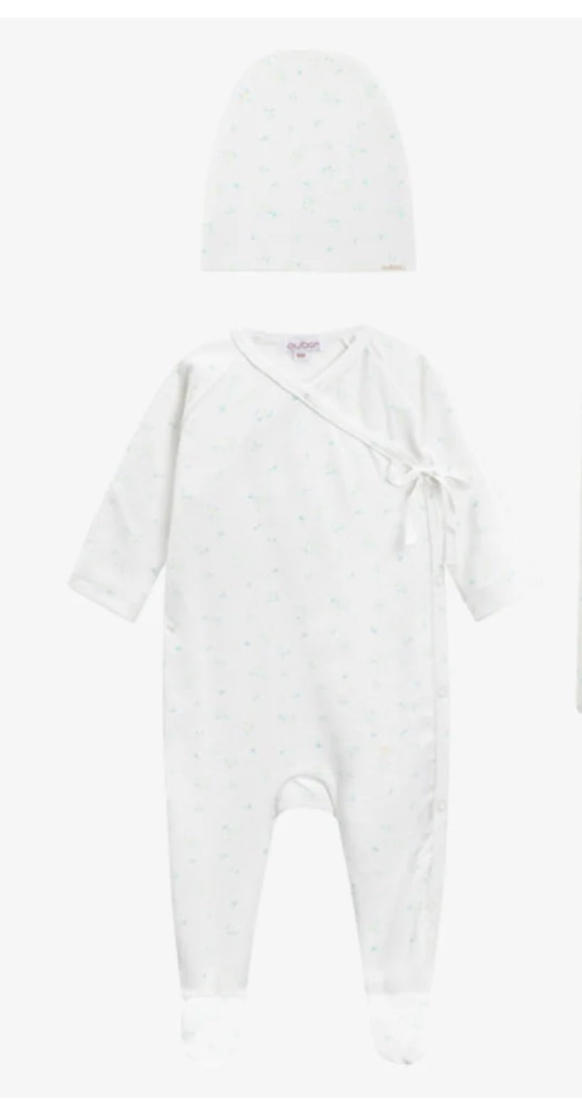 Oubon Blue Floral Print Footie + Hat