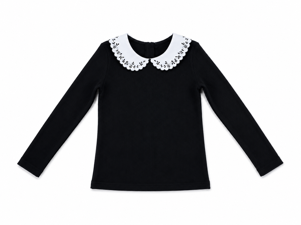 We The Kids Black Embroidered Collar Rib Knit Top