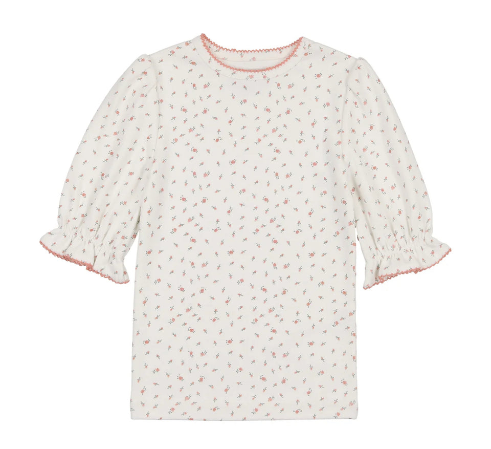 Kin Kin Pink Floral Puffed Sleeve Ribbed Tee