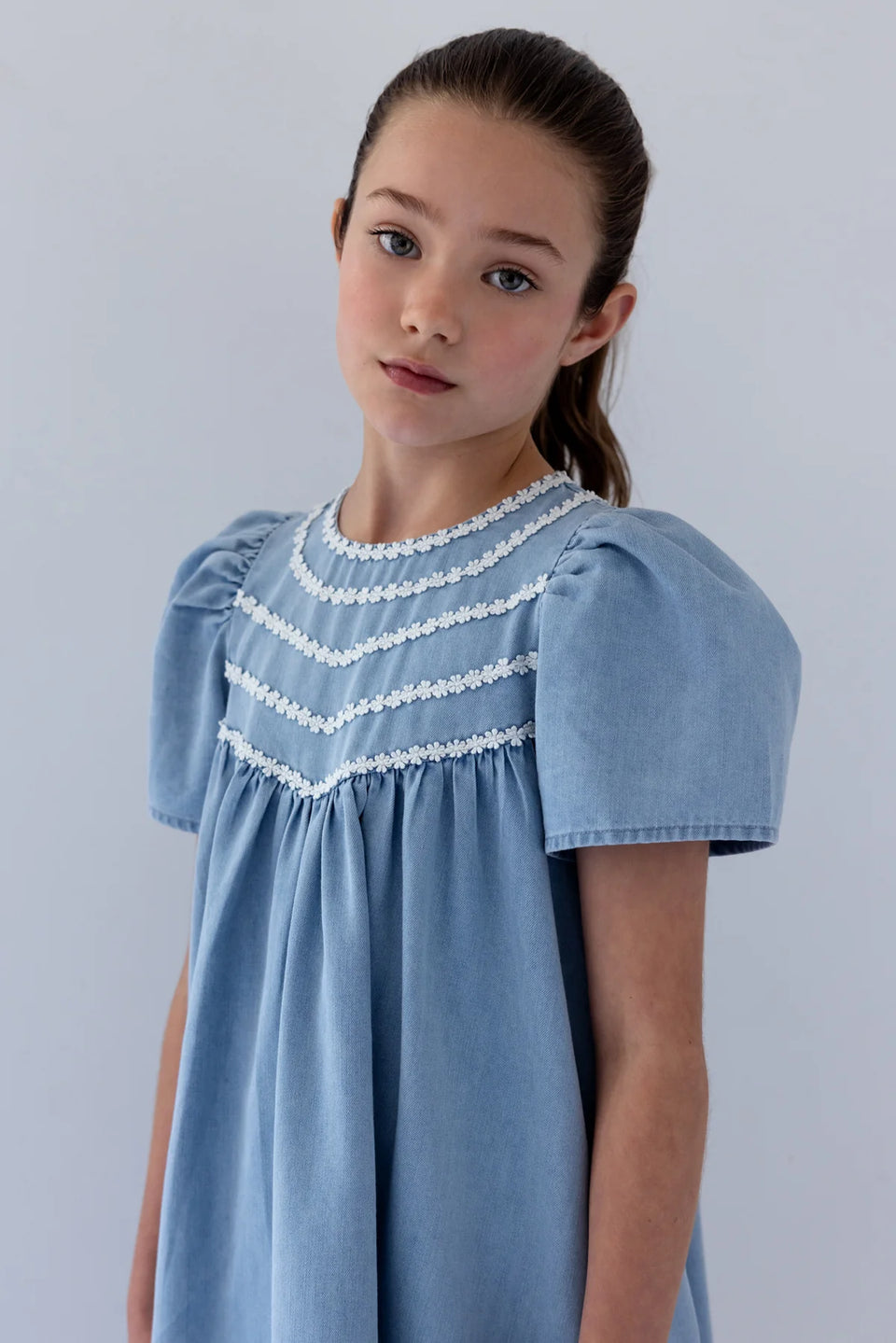 Steph Pale Wash Chambray Daisy Chain Dress