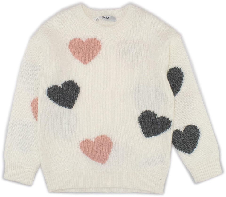 Y-Clu Cream Sweater with Grey and Pink Hearts