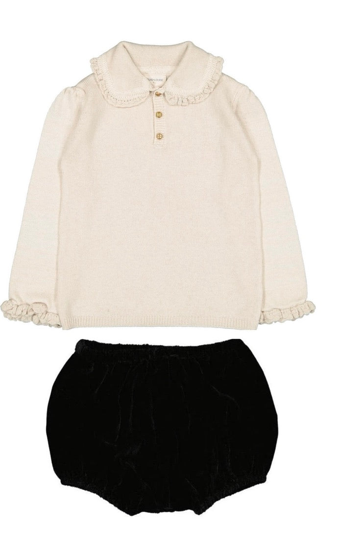 Louis Louise Ivory Sweater Top with Black Velvet Bloomer Set