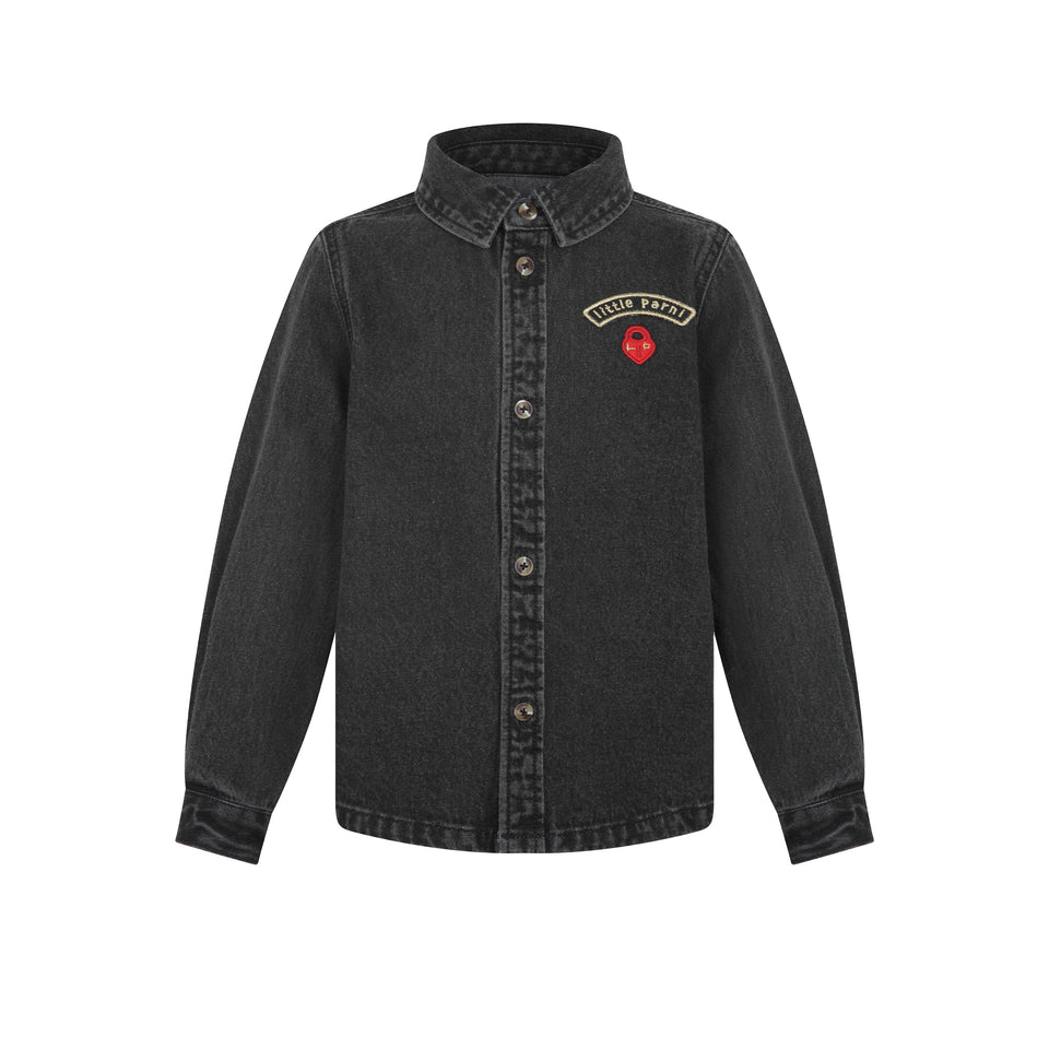 Little Parni Black Denim Embroidered Patch Shirt