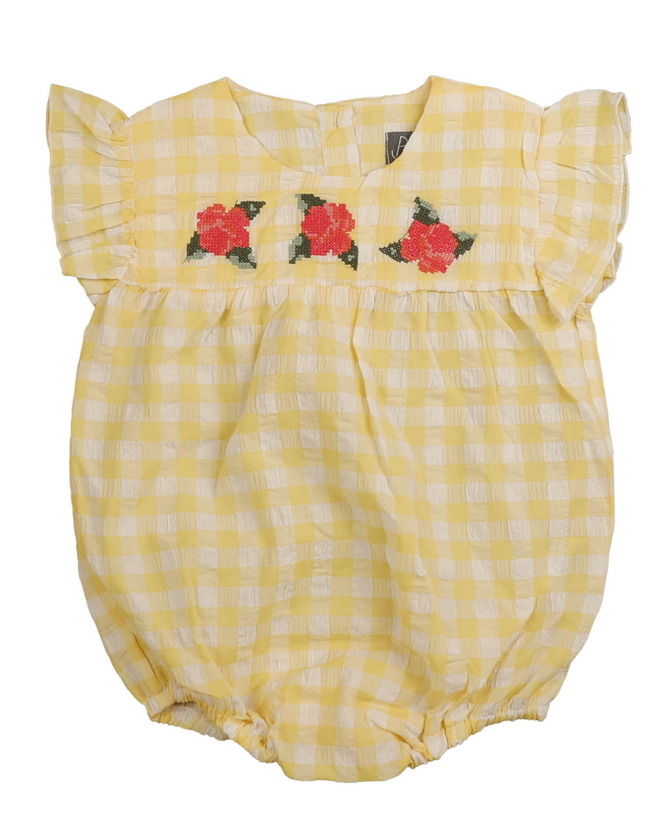 Belati Yellow Striped Seersucker Romper with Flowers