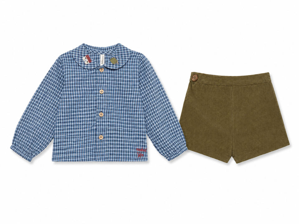 Birinit Indigo Gingham w/ Khaki Corduroy Shorts Set
