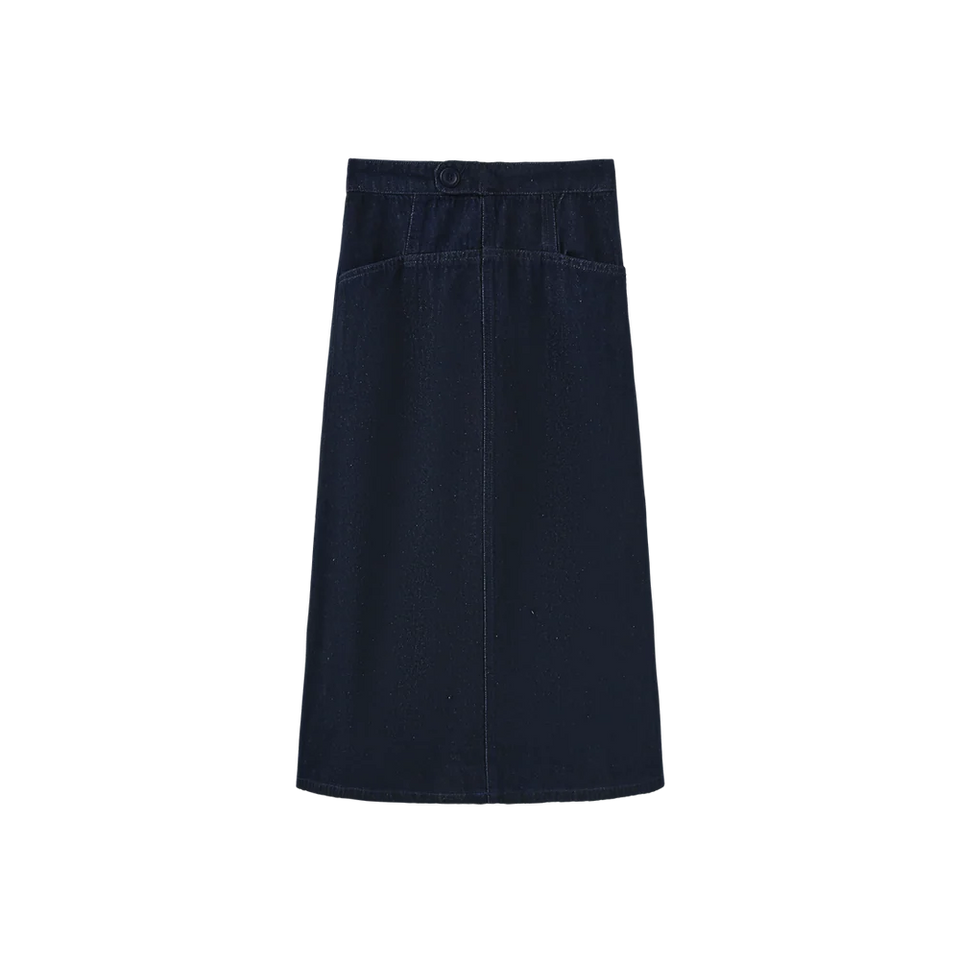 Blue Denim Side Button Tab Midi Skirt