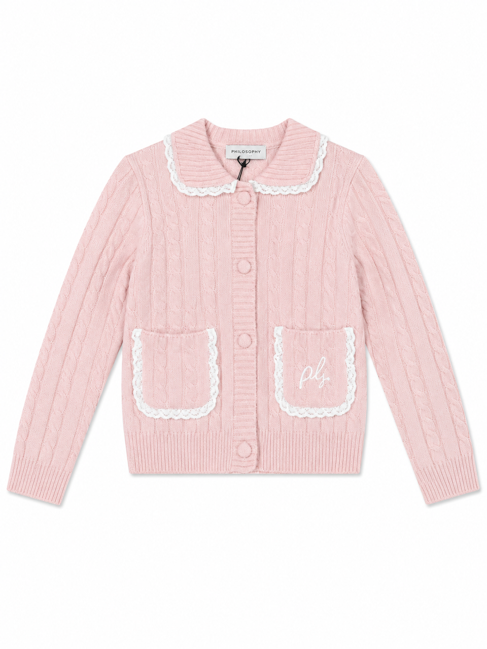 Philosophy Rosa Antico Lace Trim Pocket Cable Knit Cardigan