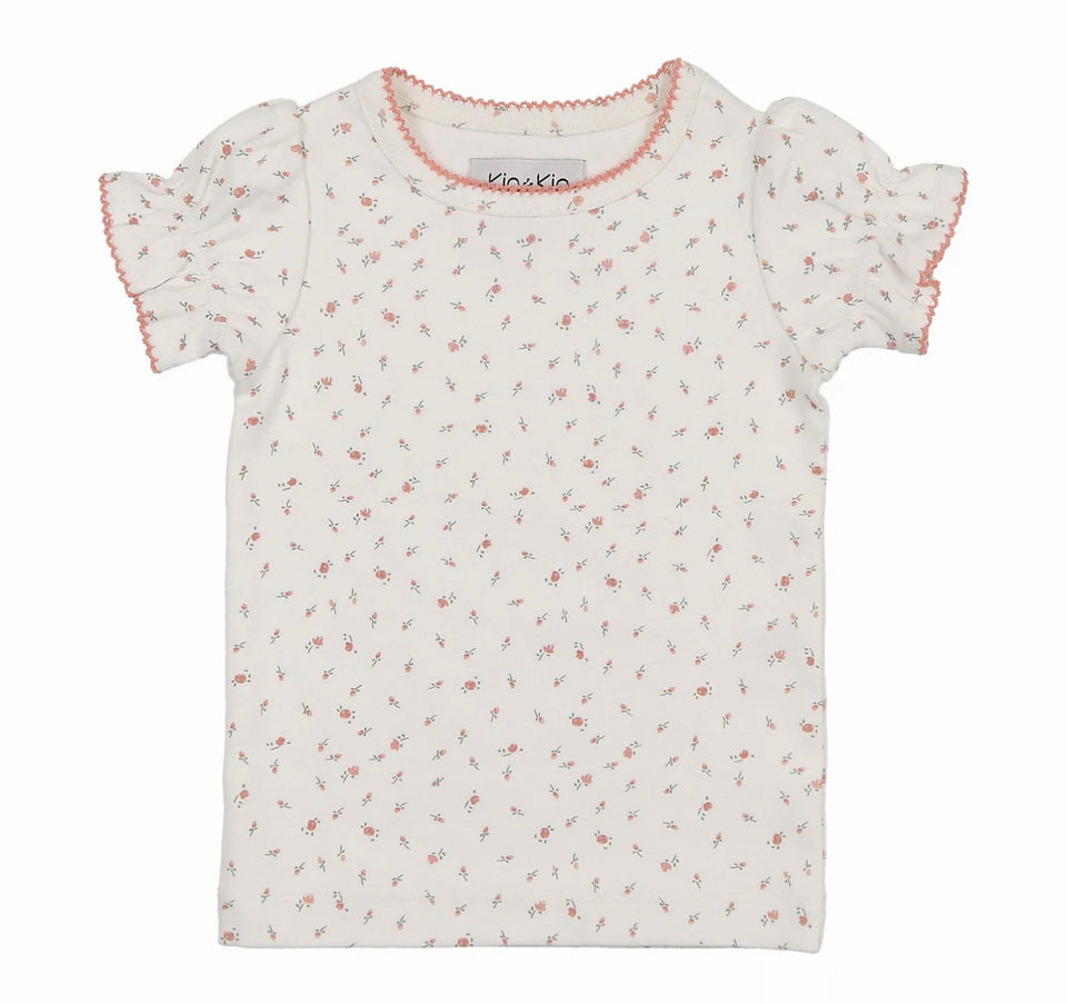 Kin Kin Pink Floral Puffed Sleeve Ribbed Tee- Short Sleeves