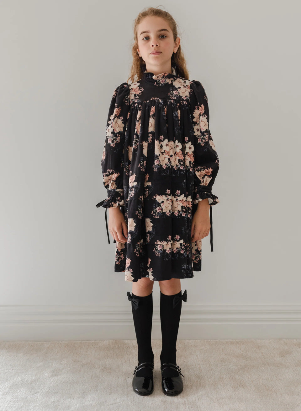 Petite Amalie Black Bouquet Print Cord Dress