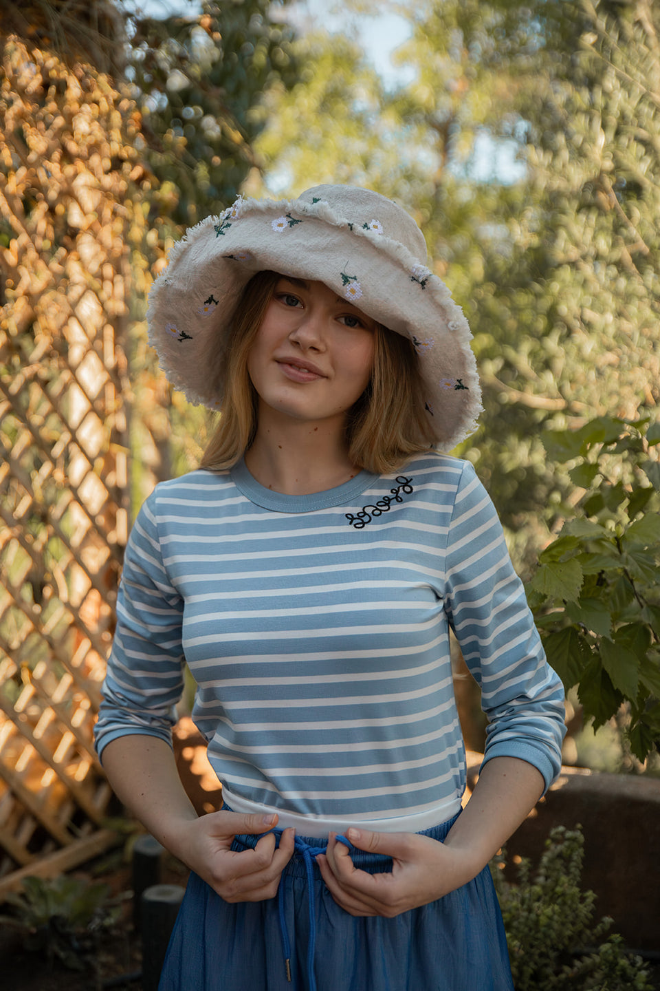 Tea Blue Neckline Embroidery Striped T-Shirt