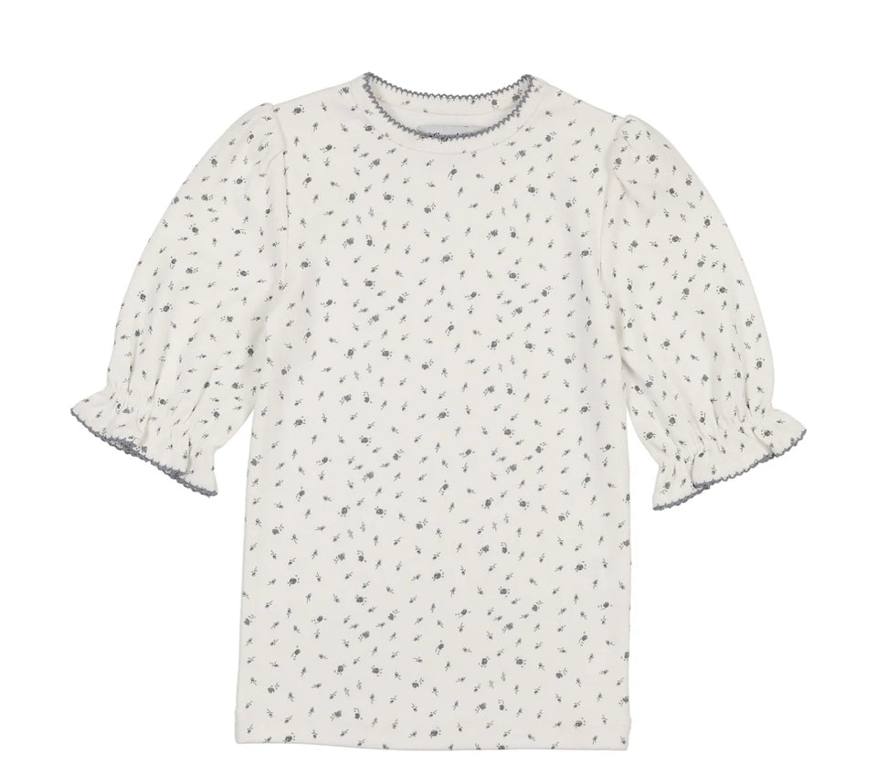 Kin Kin Blue Floral Puffed Sleeve Ribbed Tee
