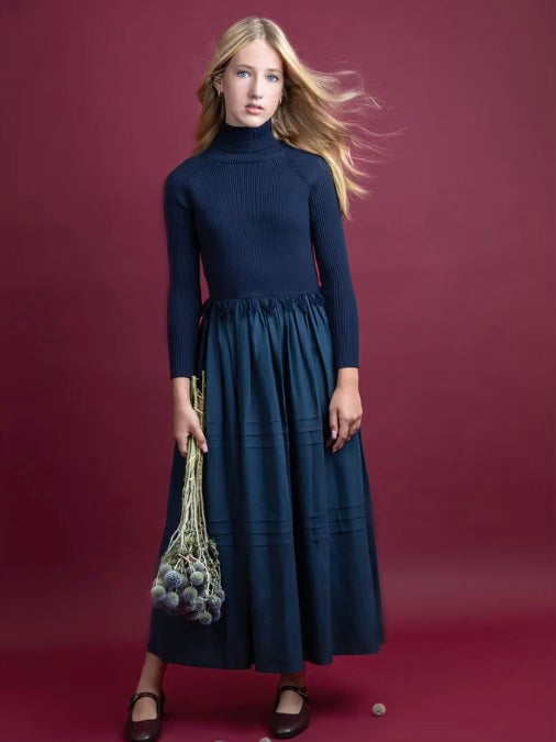 Hev Navy Turtleneck Dress with Fringes