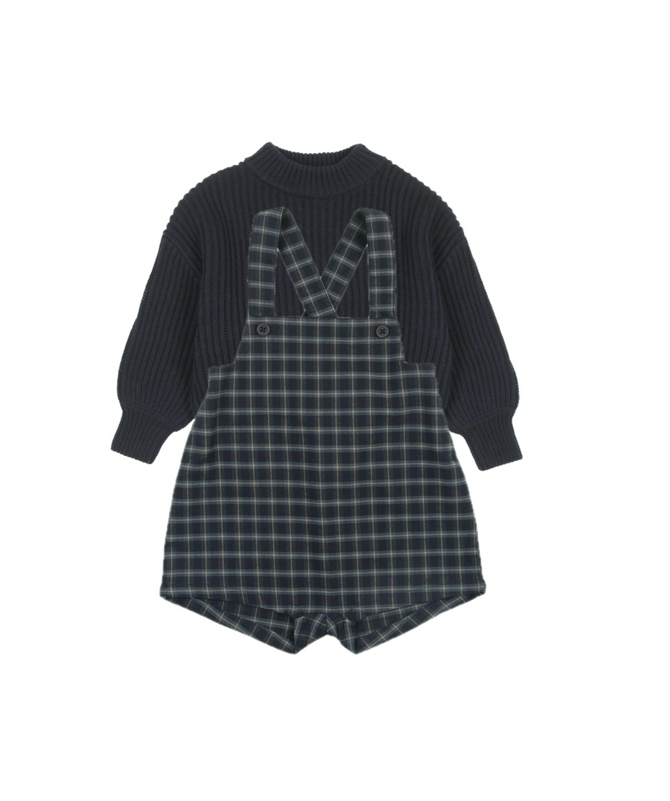 Kin Kin Navy Plaid Overall Sweater Set