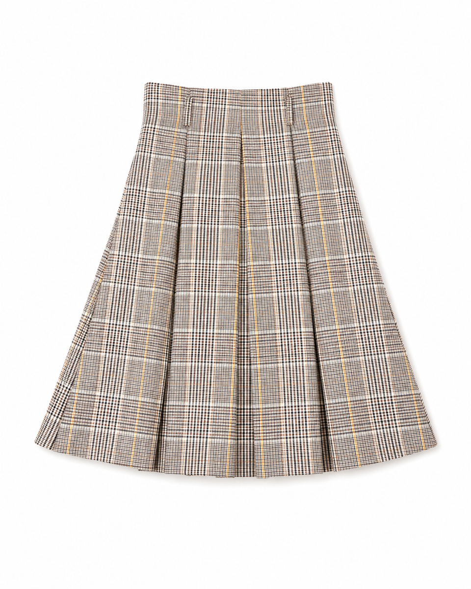 Swanky Beige Gold Black Plaid Fabric Belt Skirt