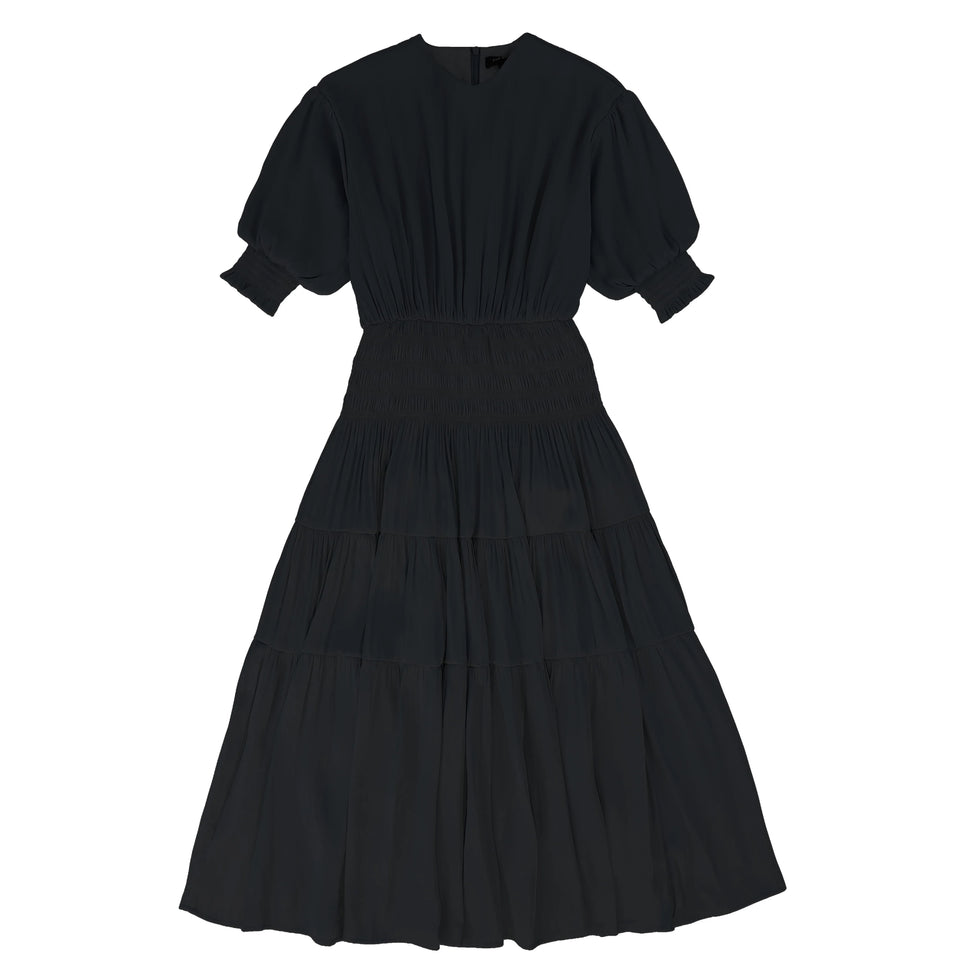 Bamboo Black Silk Smock Waisted Dress