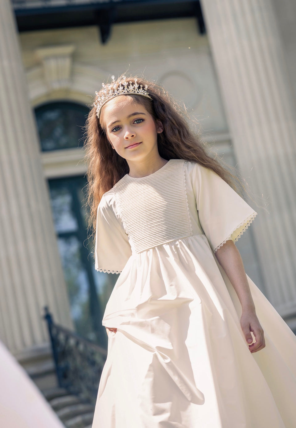 Little Tempest Ivory Alice Taffeta Pintuck Bib Gown