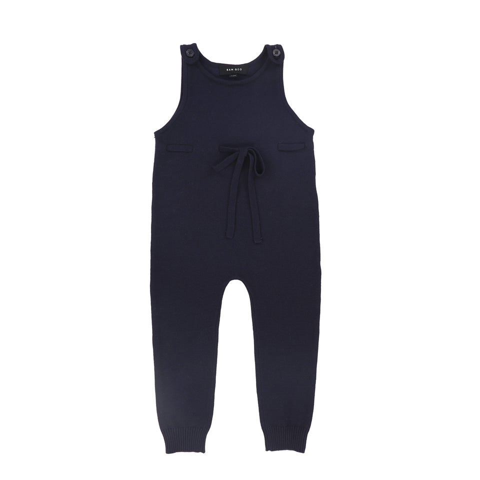 Bamboo Navy Bow Knit Overalls