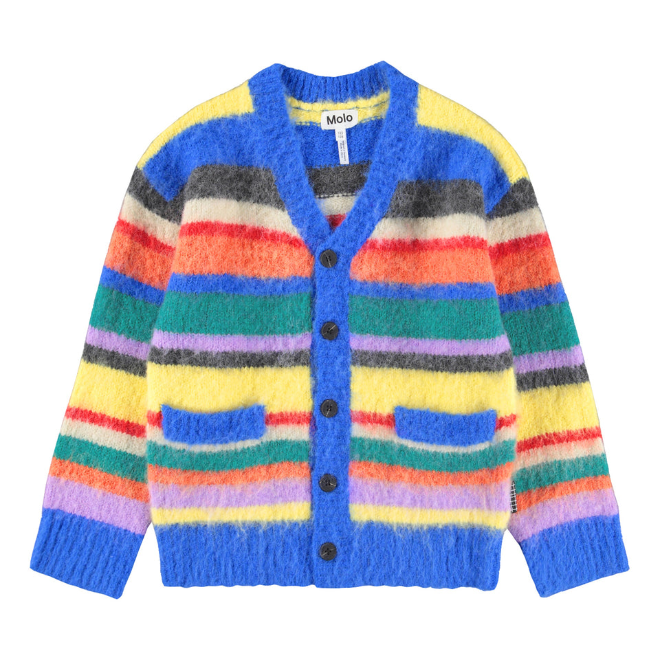 Molo Fuzzy Stripe Brutus Cardiagan runs full size down.