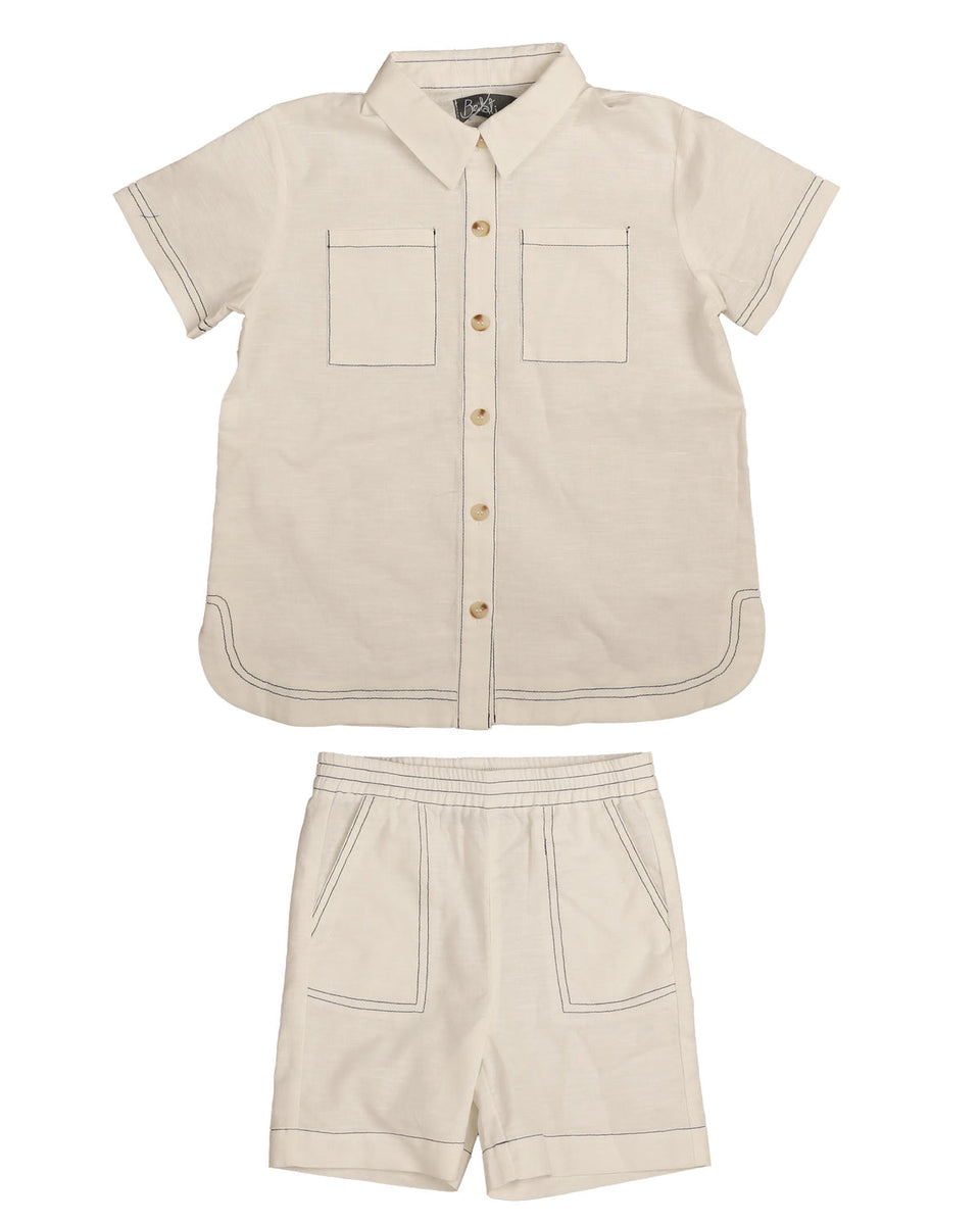 Belati White/Navy Contrast Stitch Short Set