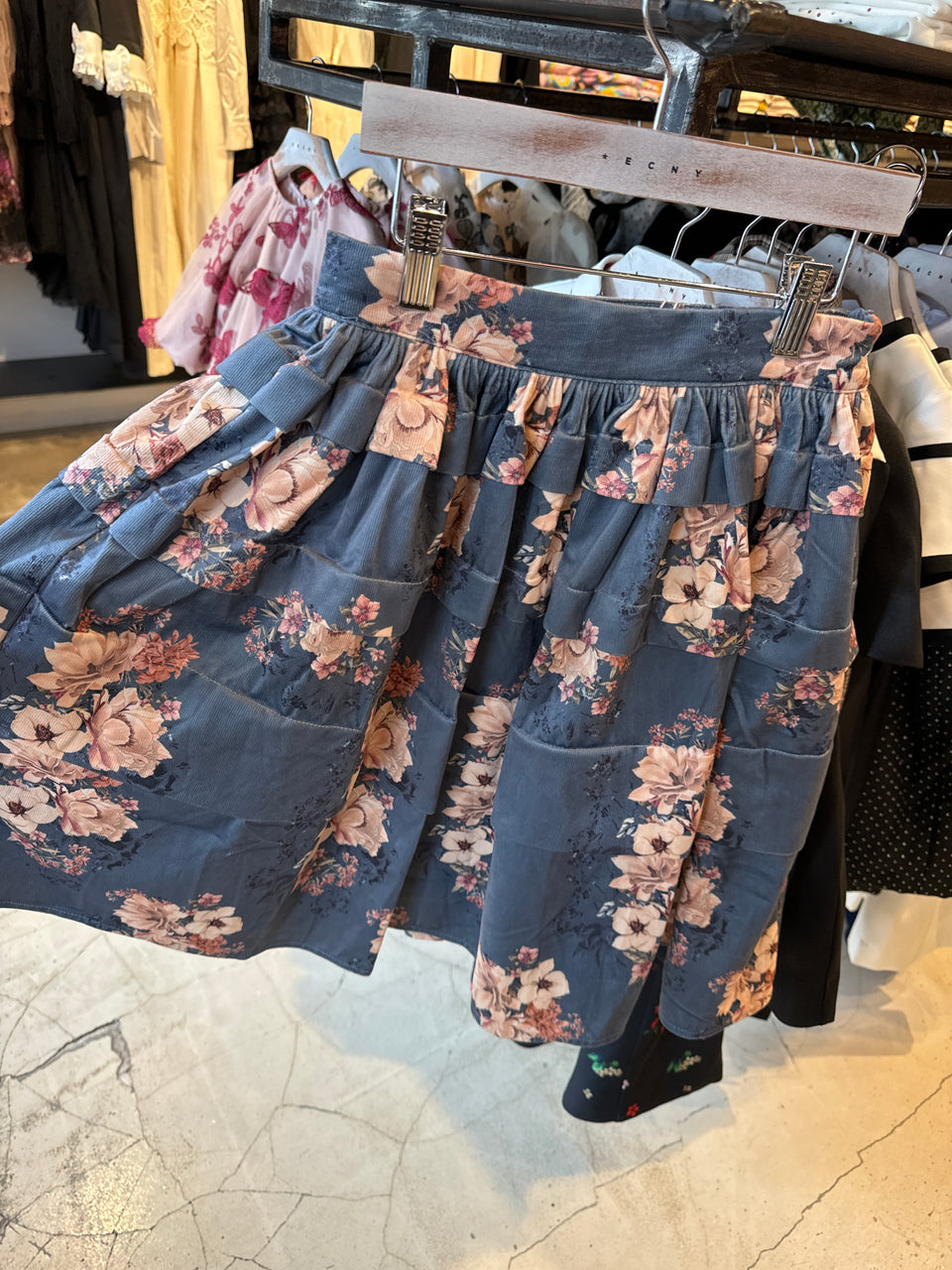 Petite Amalie Steel Blue Bouquet Print Cord Skirt