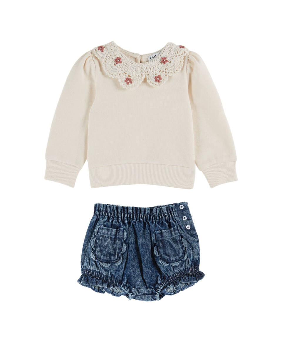 Emile & Ida Creme Collar Sweater w/ Denim Bloomers