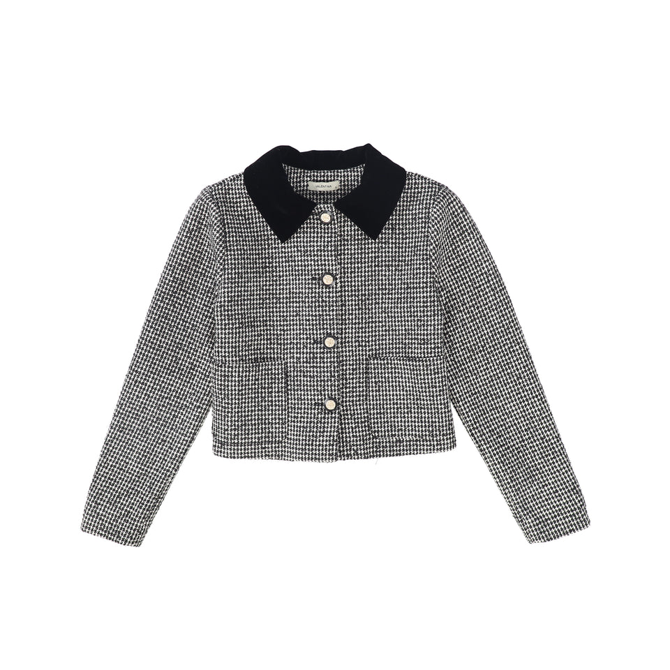 Valentina Black/White Houndstooth Ruffle Collar Jacket