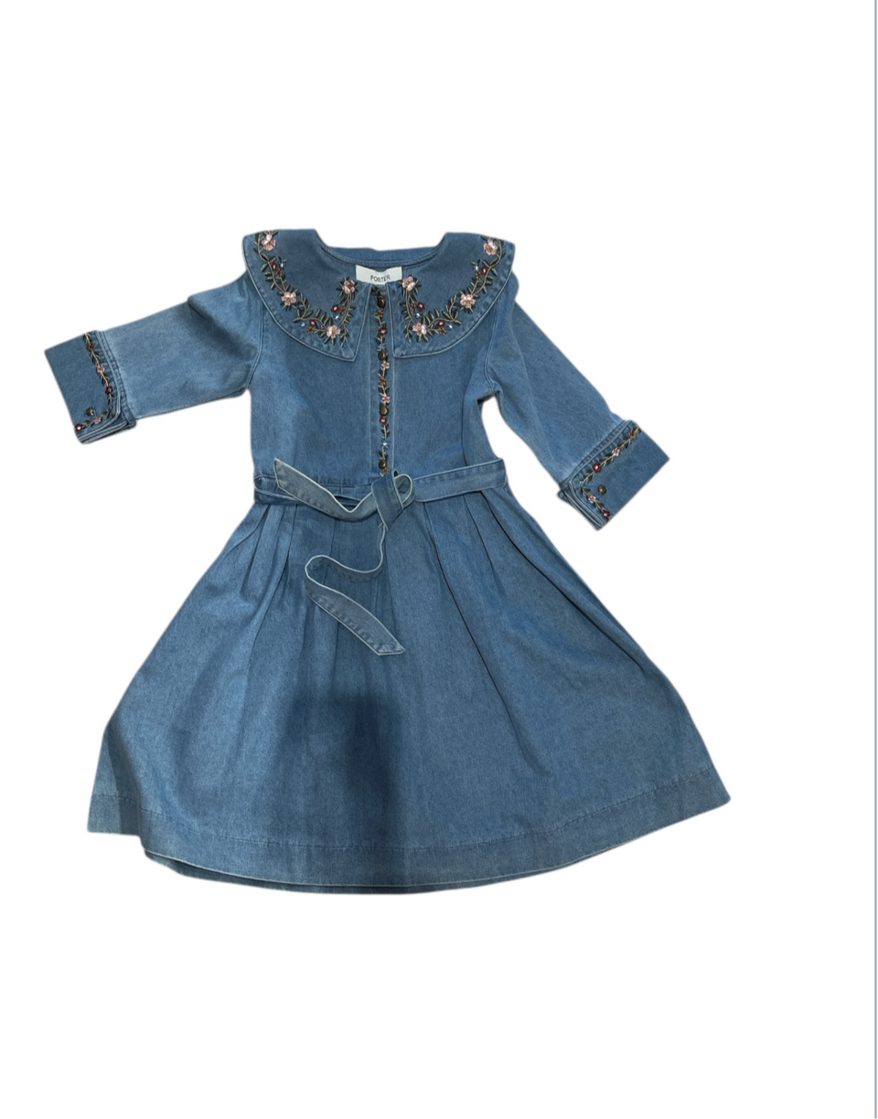 Porter Denim Belted Dress w/ Floral Embroidered Collar & Cuffs