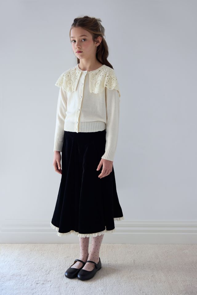 Petite Amalie Black/ Cream Peep Lace Hem Velvet Skirt
