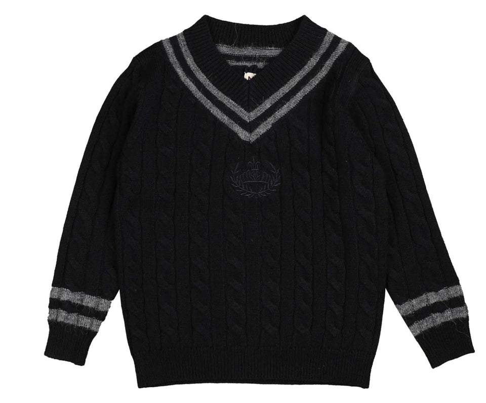 Belati Navy Cable V-neck Emblem Knit