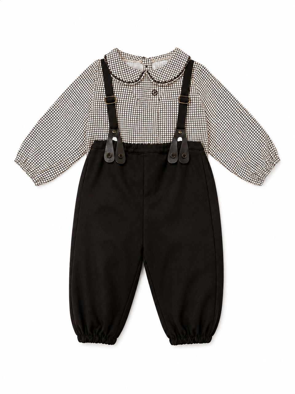 Madeline Checked Shirt W/ Brown Strap Baby Romper