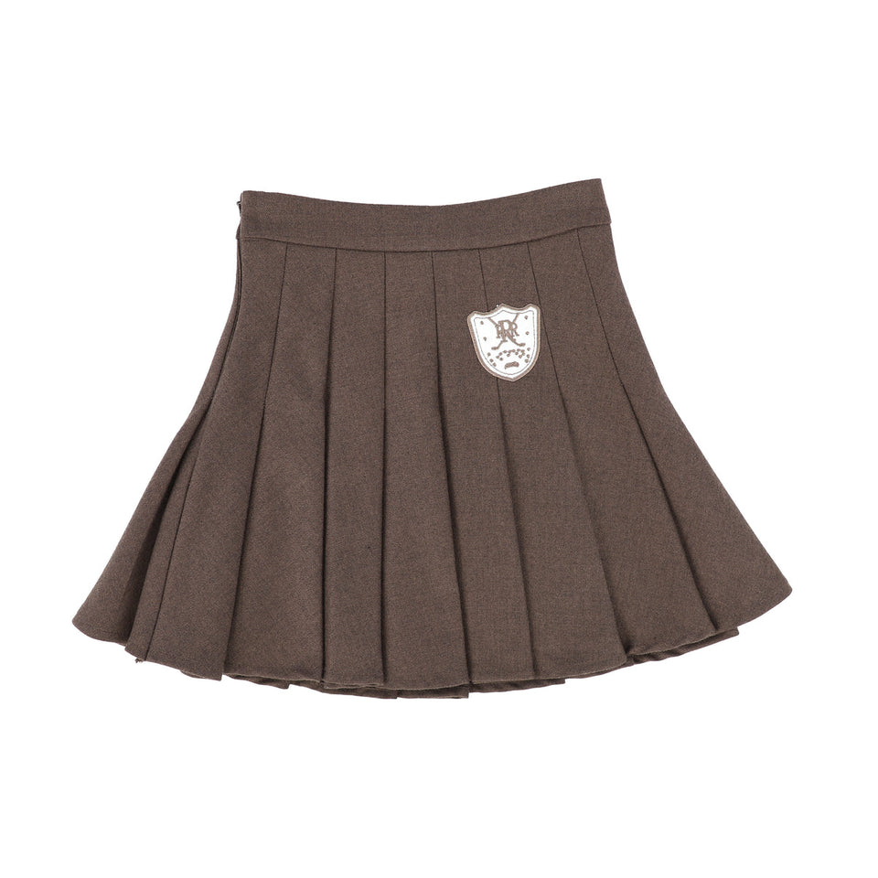 Bamboo Brown Pleated Wool Skirt with Emblem