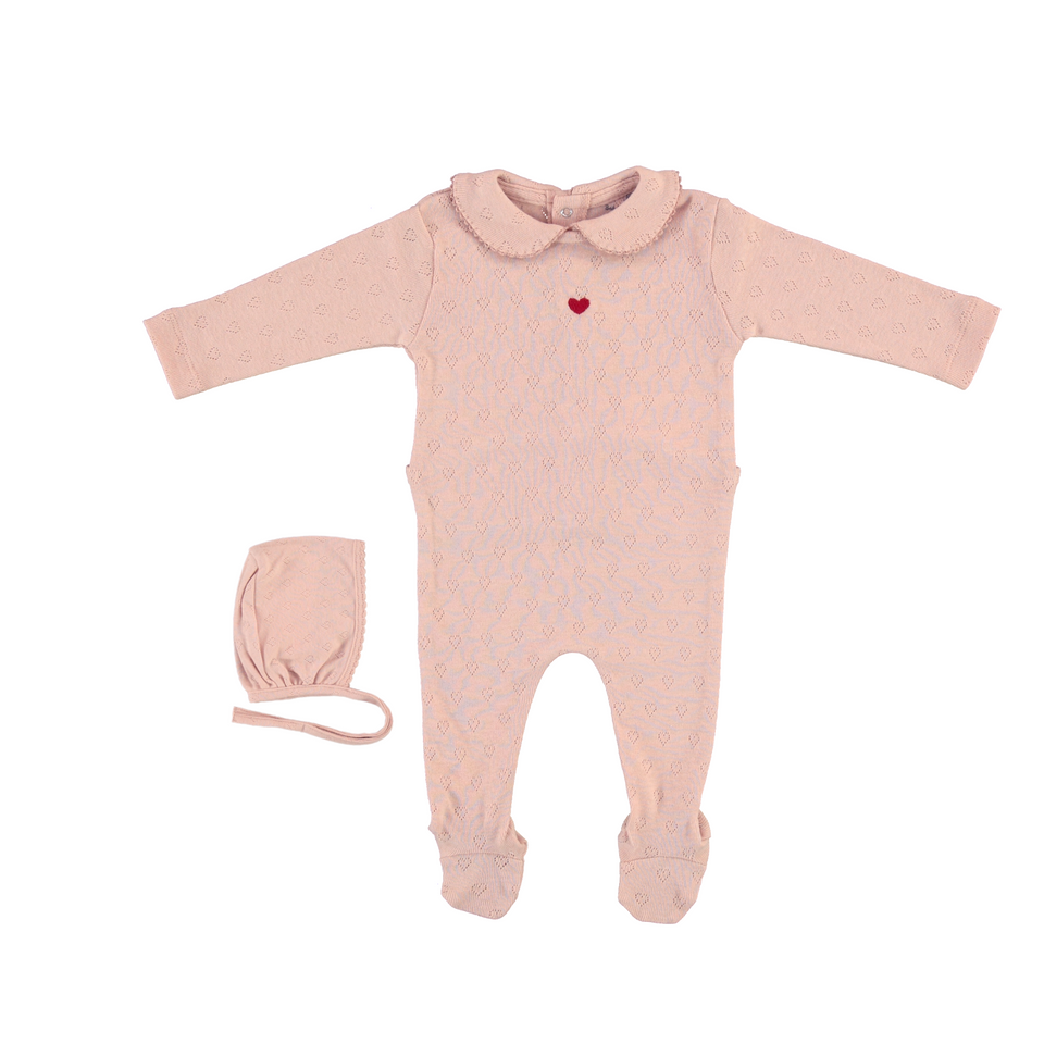 Bebe Organic Blush Heart Collar Overall w/ Bonnet