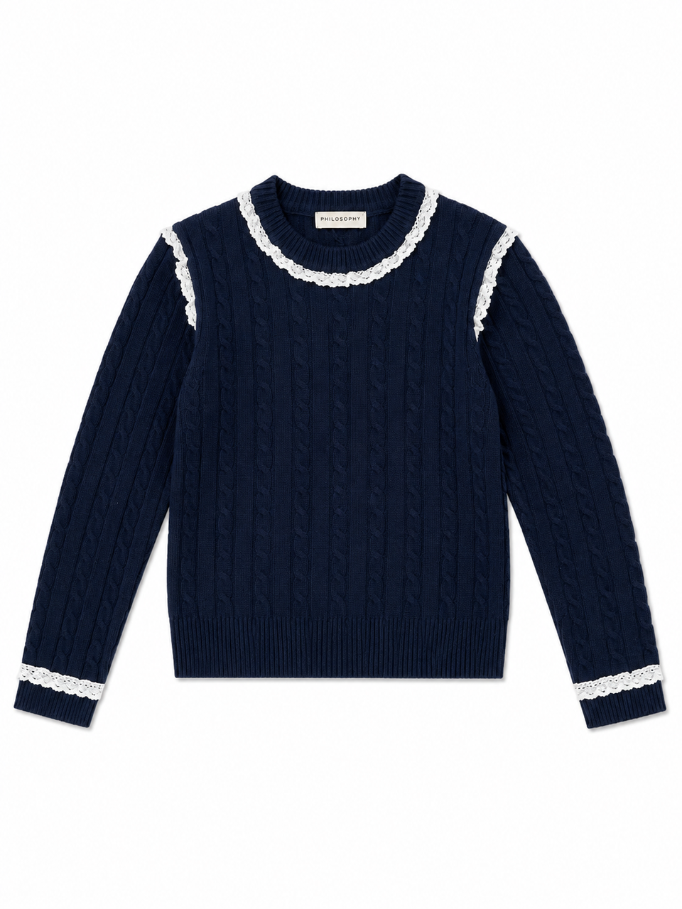 Philosophy Navy L/S Cable Knit Lace Trim Sweater