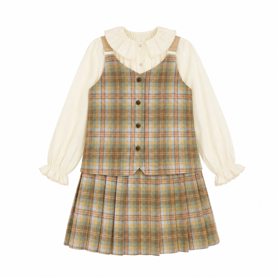 Bace Plaid Pleated Vest Dress Set