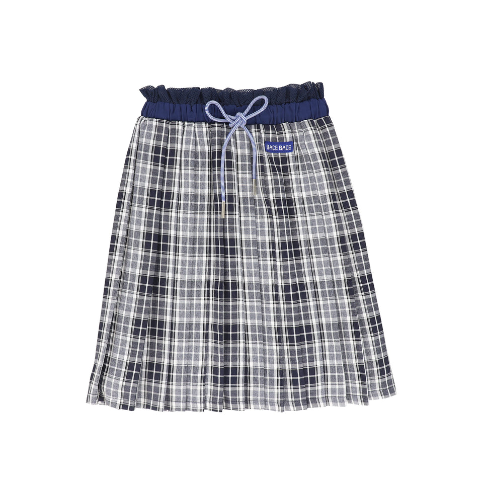 Bace Navy Checked Gathered Pleated Skirt