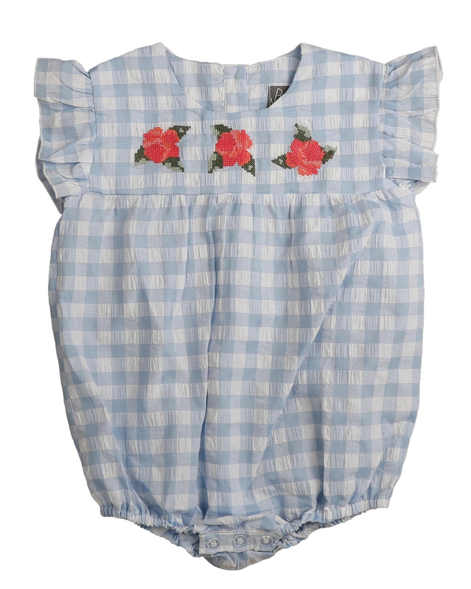 Belati Light Blue Striped Seersucker Romper with Flowers