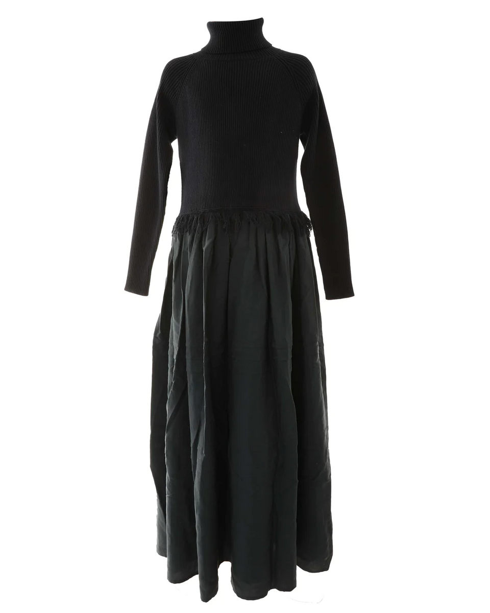 Hev Black Turtleneck Dress with Fringes
