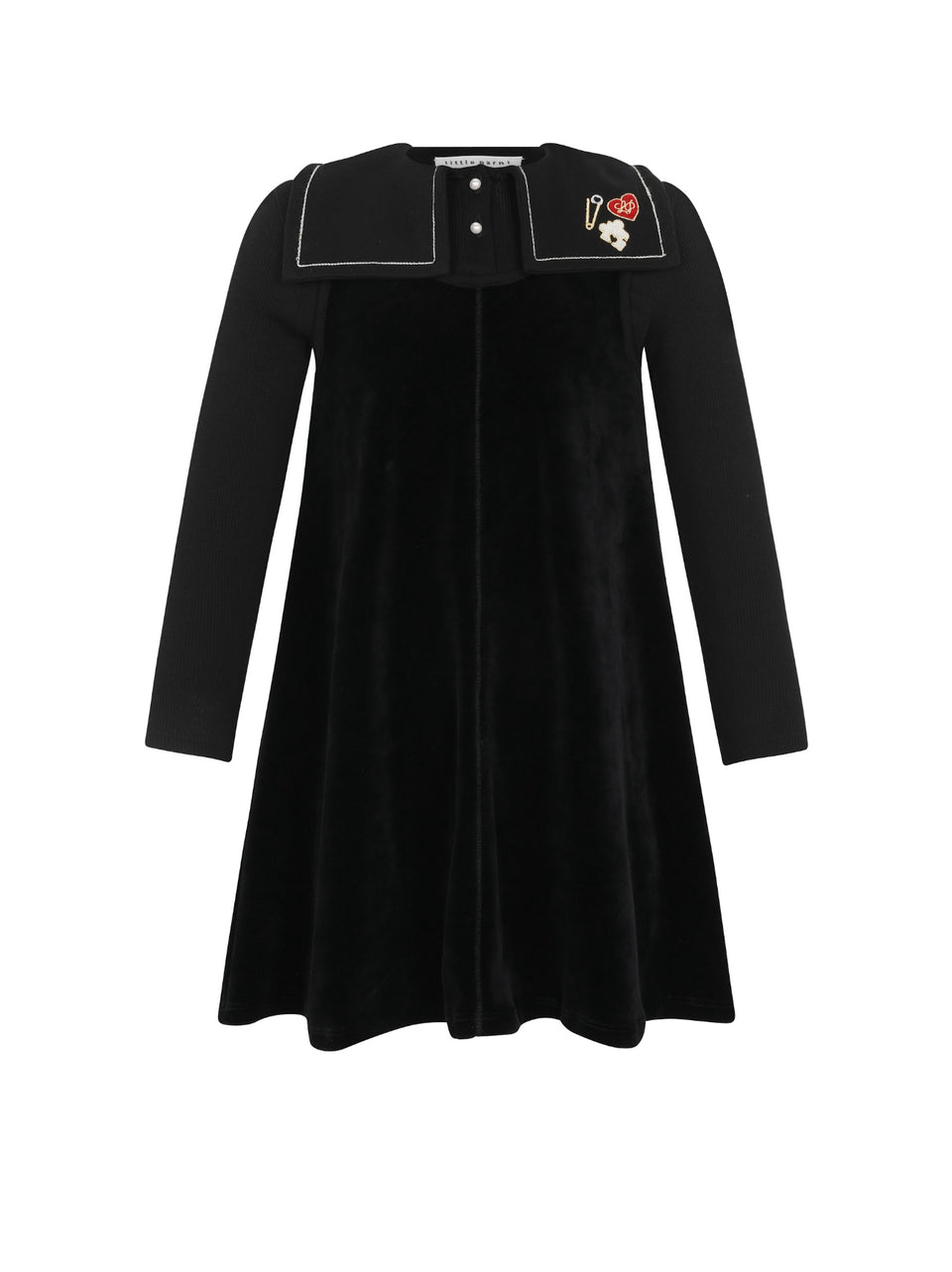 Little Parni Black Embroidered Collar Velour Maxi