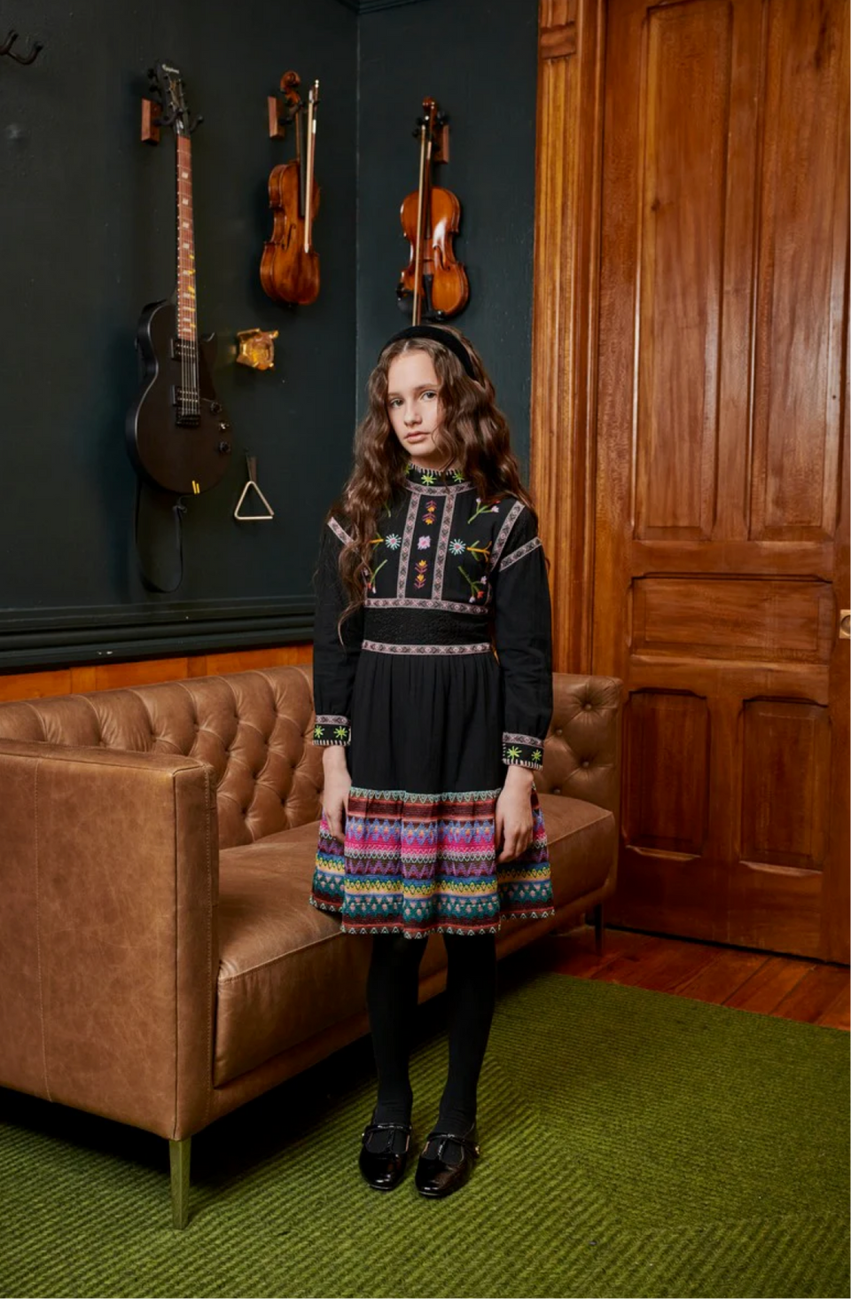 Porter Black with Neon Colorful Embroidery Dress