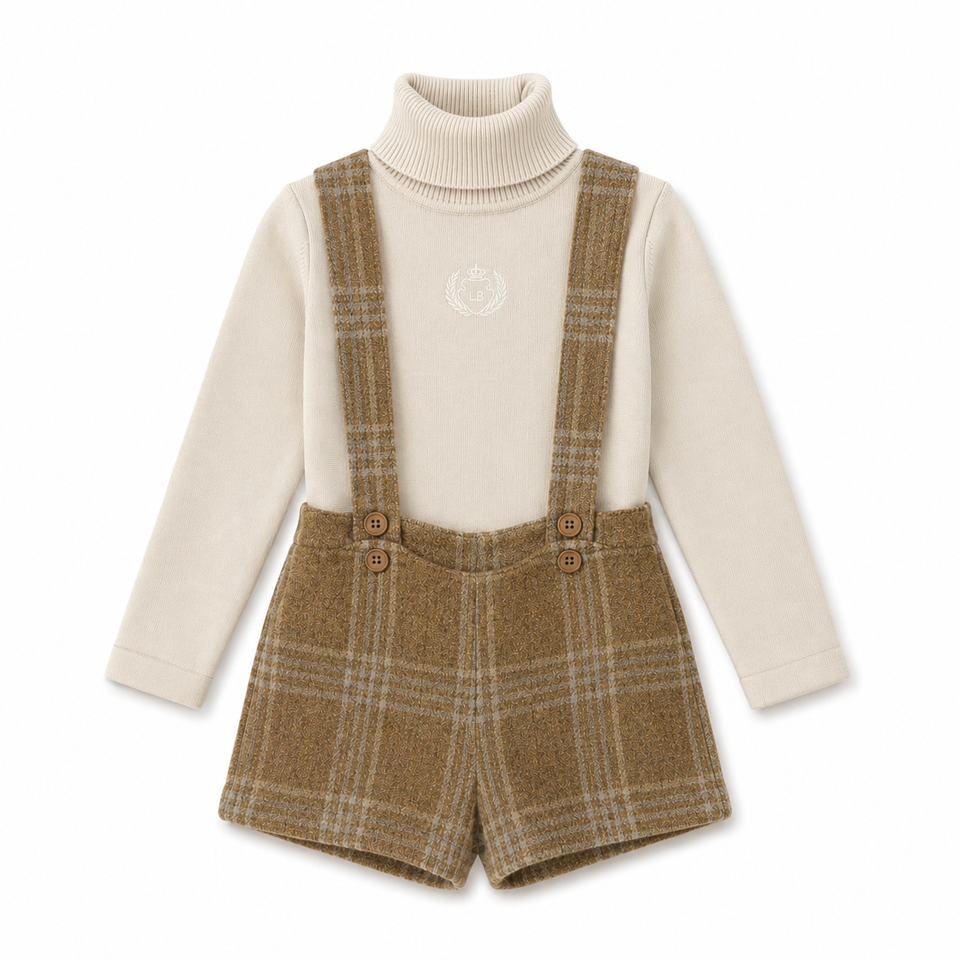 Le Bourdon Camel Plaid Print Overall Set