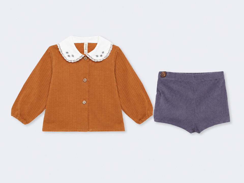 Birinit Toffee Shirt w/ Blue Corduroy Bloomer Girls Set